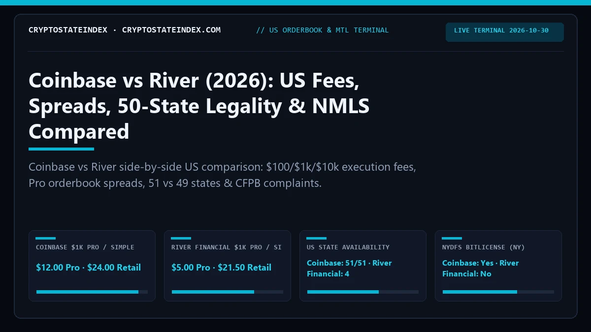 Coinbase vs River: US Fees, Spreads, State Legality (2026)