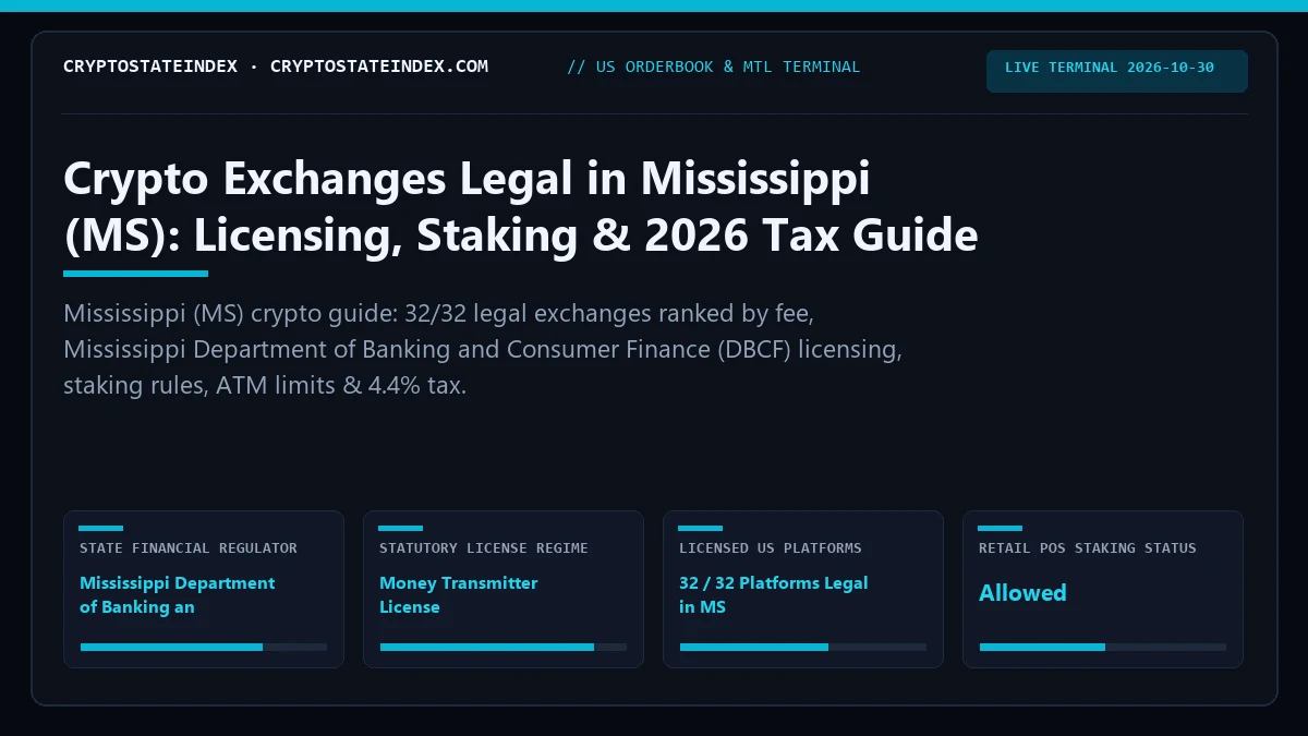 Crypto Exchanges in Mississippi (MS): 2026 Tax, Legality